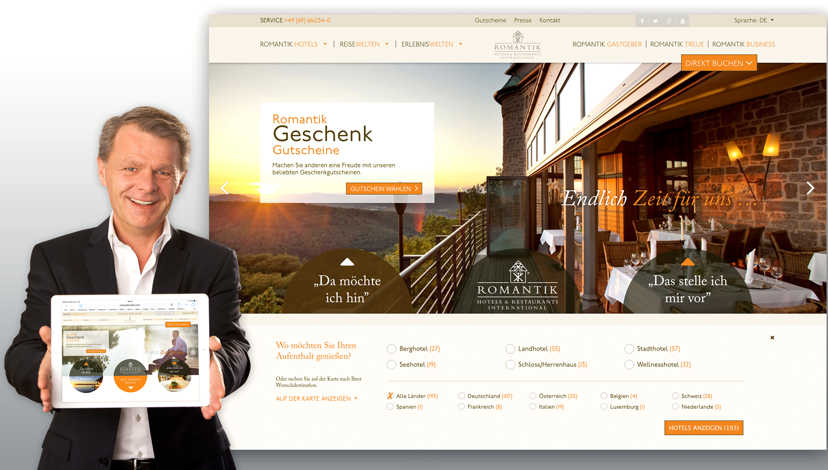 Einfaches und direktes Buchen nach den Wünschen der Gäste: Thomas Edelkamp, Vorstandsvorsitzender von Romantik, präsentiert die neue Internetseite der Kooperation. Fotos: Romantik Hotels & Restaurants AG (frei)