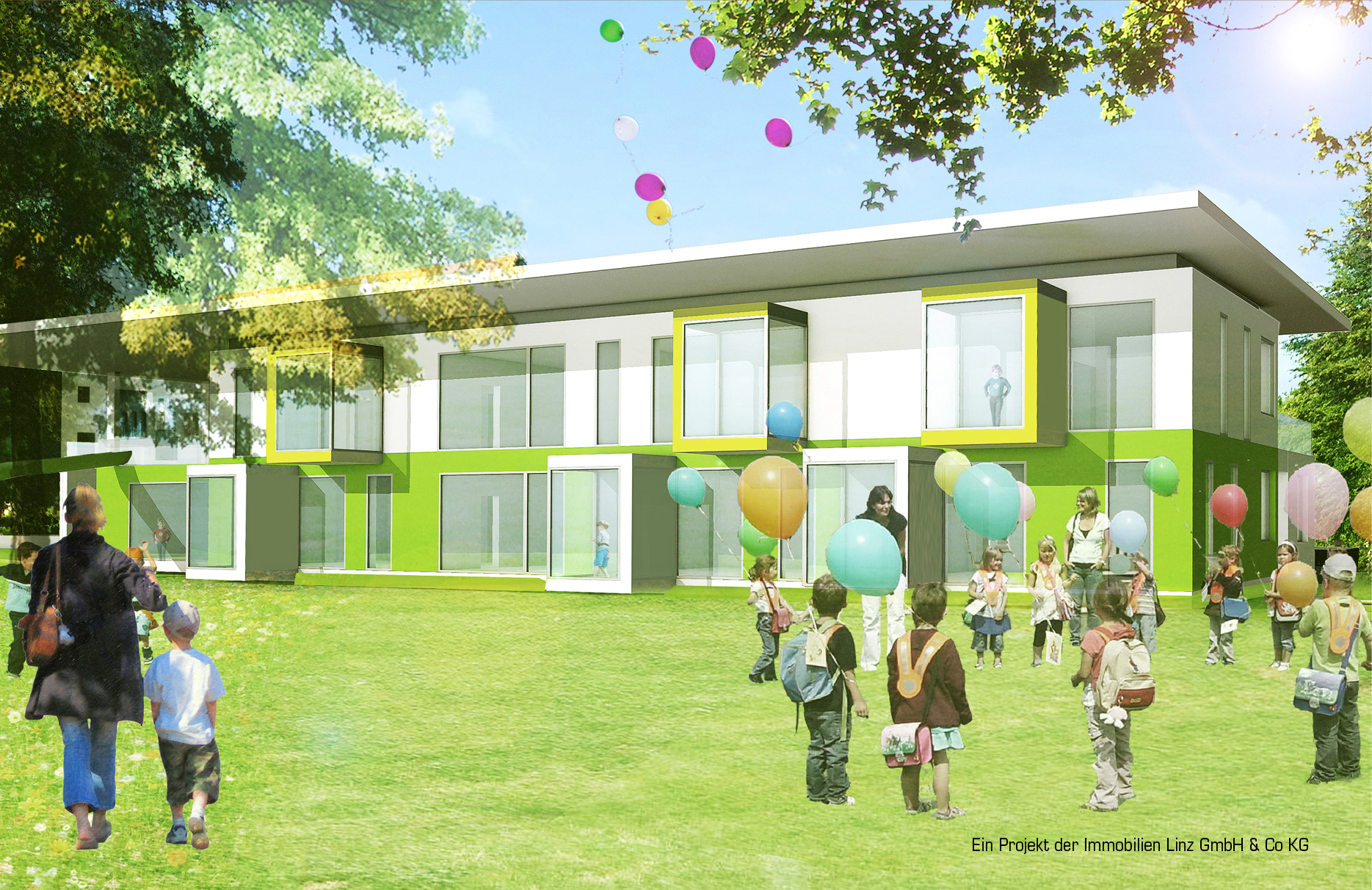 Ein besonderer Blickfang am Hortzubau an der Linzer Stadlerschule sind die verglasten „Erkerboxen“. Die Planung erfolgte durch das Architektenbüro amm ZT-GmbH aus St. Florian. Bild: amm ZT-GmbH (frei)